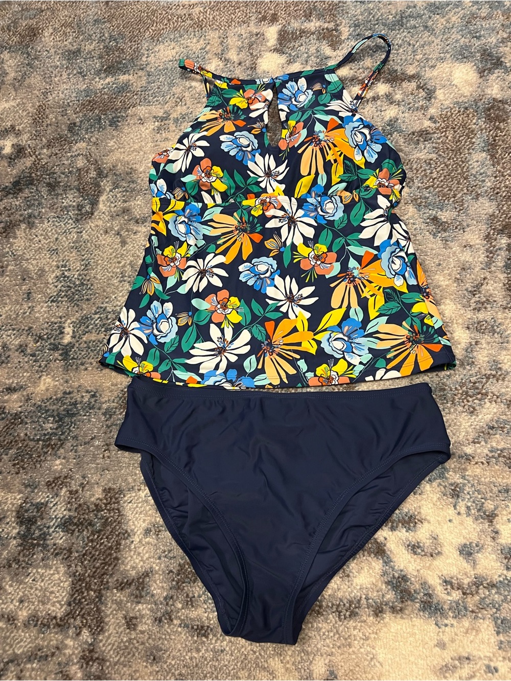 Navy Floral Keyhole Tankini Top with Navy Bottoms